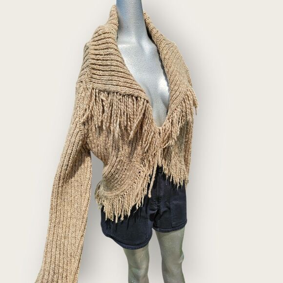 Vintage Sweaters - Vintage 90s Y2K Next 18 Cozy Neutral Brown Fringe Cardigan